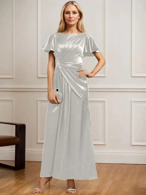 A-line Scoop Ankle-Length Stretch Satin Mother of the Bride Dress With Pleated Beading by Dreamylily