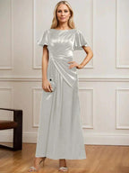 A-line Scoop Ankle-Length Stretch Satin Mother of the Bride Dress With Pleated Beading by Dreamylily