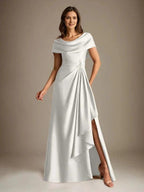 A-Line Scoop Floor-Length Stretch Satin Mother of the Bride Dress With Cascading Ruffles by Dreamylily