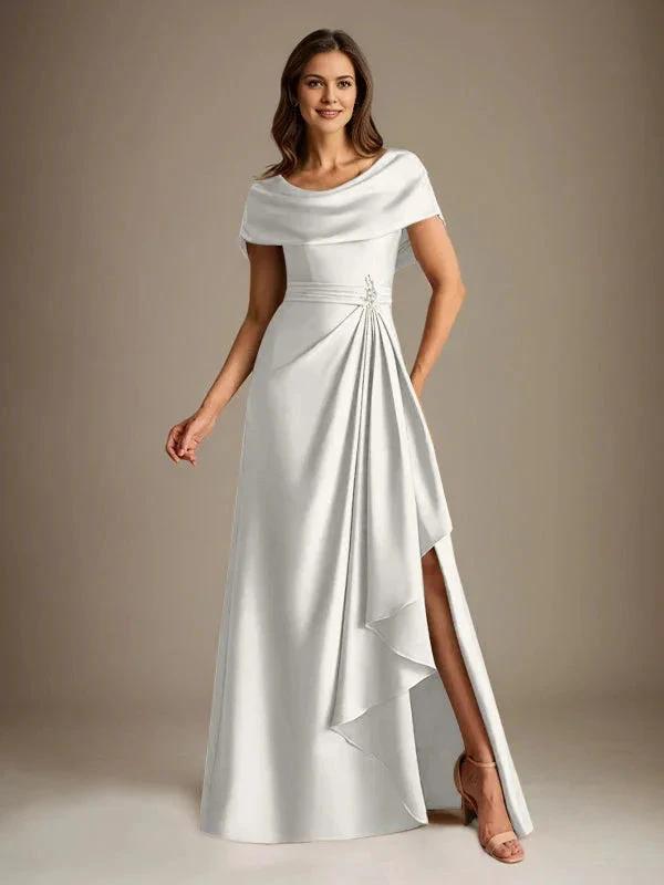 A-Line Scoop Floor-Length Stretch Satin Mother of the Bride Dress With Cascading Ruffles by Dreamylily