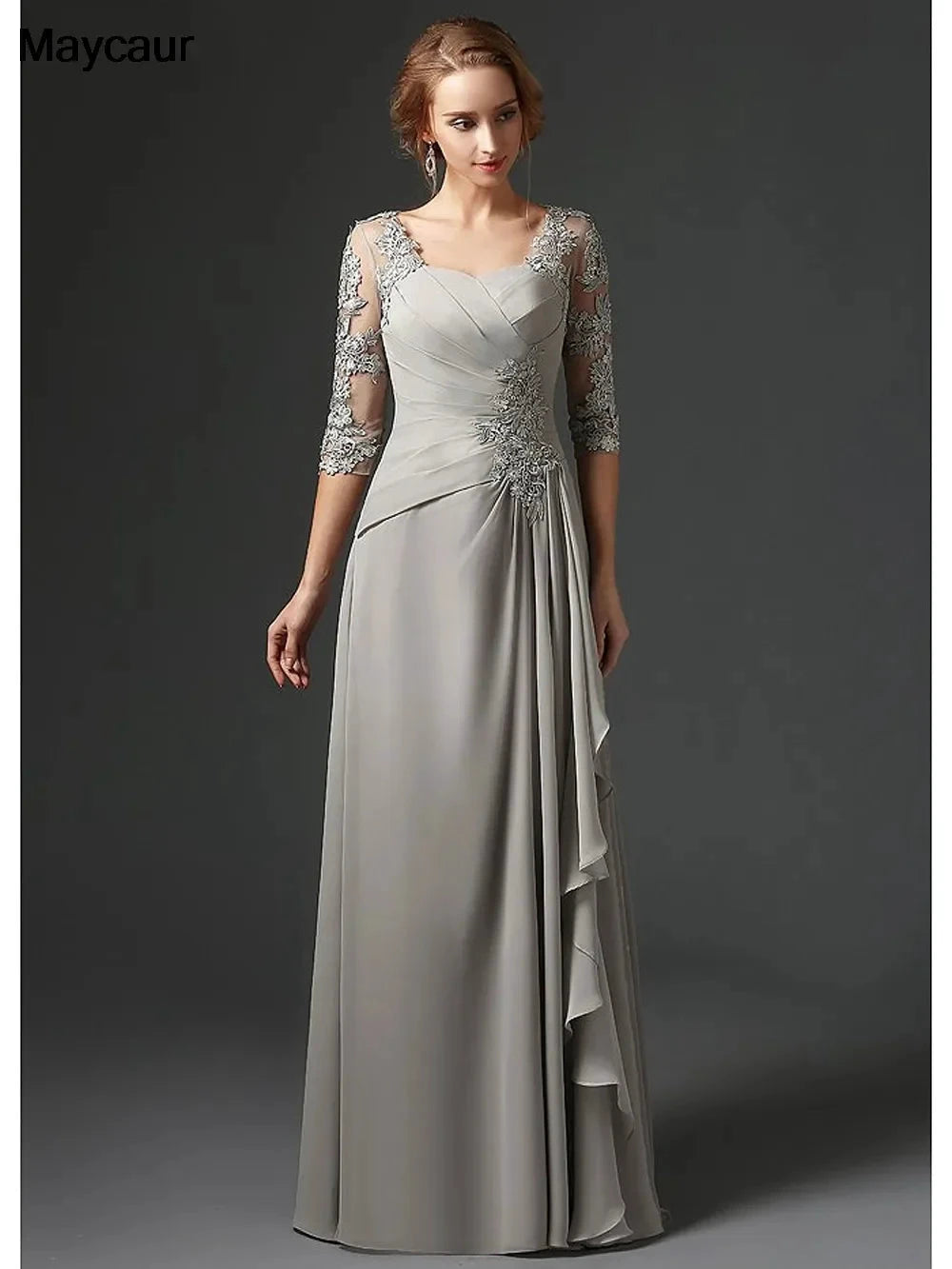 Silver 2023 Mother Of The Bride Dresses A-line 3/4 Sleeves Chiffon Lace Plus Size Long Elegant Groom Mother Dresses Wedding by Sunnderly