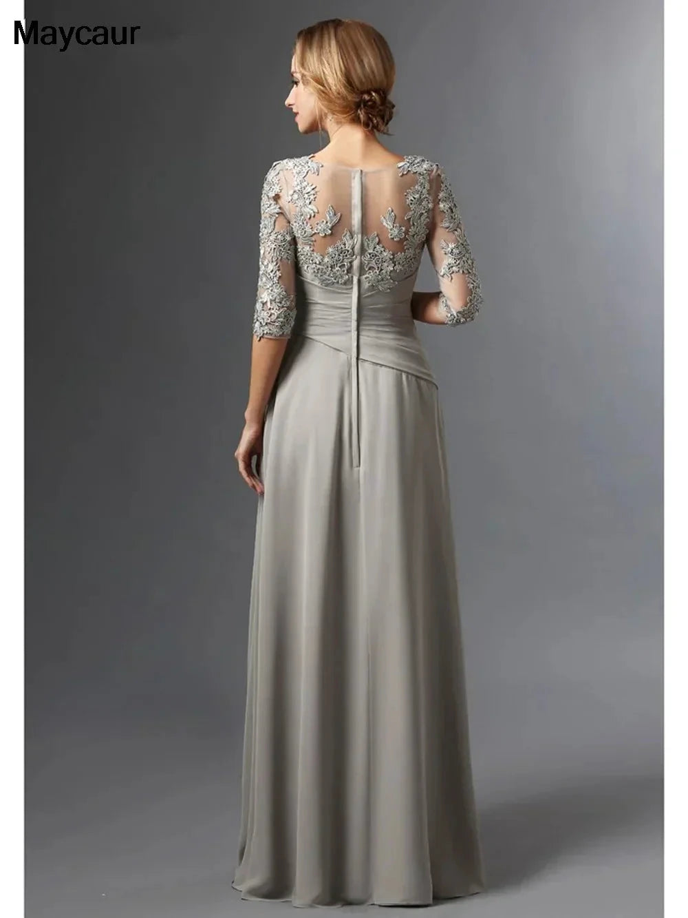 Silver 2023 Mother Of The Bride Dresses A-line 3/4 Sleeves Chiffon Lace Plus Size Long Elegant Groom Mother Dresses Wedding by Sunnderly
