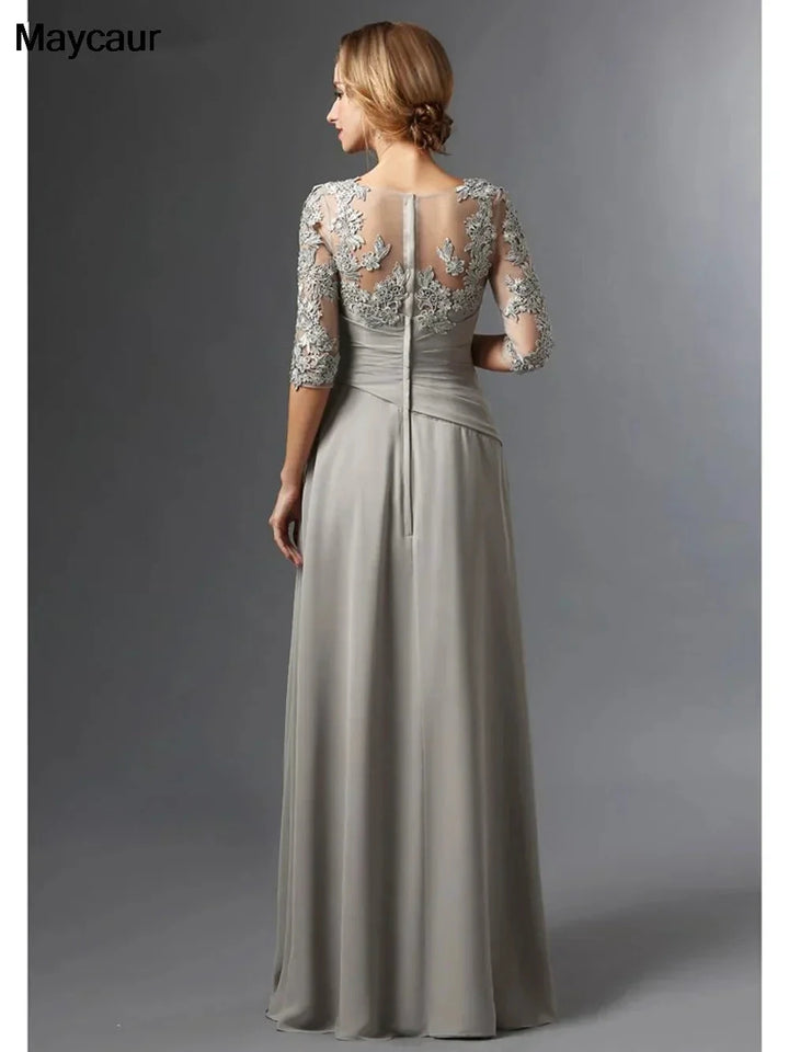 Silver 2023 Mother Of The Bride Dresses A-line 3/4 Sleeves Chiffon Lace Plus Size Long Elegant Groom Mother Dresses Wedding by Sunnderly