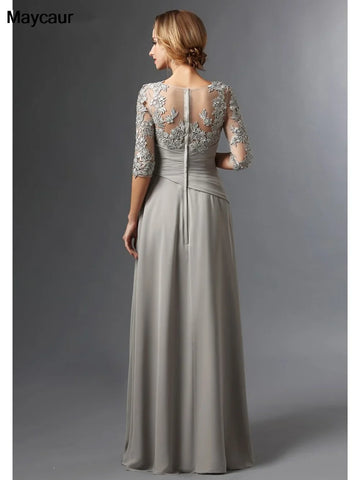 Vestidos de Madre de la Novia Plata 2023 Línea A Mangas 3/4 Gasa Encaje Talla Grande Largo Elegante Vestidos de Madre del Novio Boda 