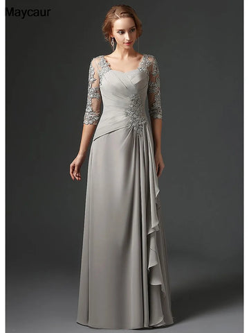 Vestidos de Madre de la Novia Plata 2023 Línea A Mangas 3/4 Gasa Encaje Talla Grande Largo Elegante Vestidos de Madre del Novio Boda 