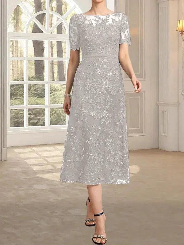 A-line Scoop Illusion Tea-Length Lace Mother of the Bride Dress With Sequins by Dreamylily