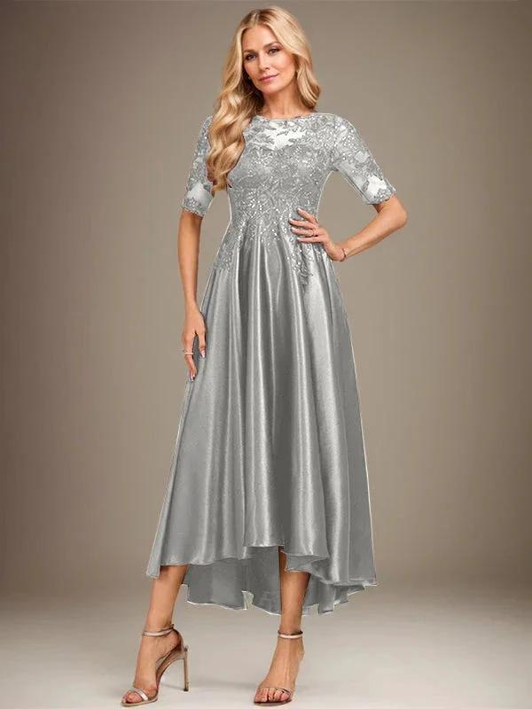 A-line Scoop Illusion Asymmetrical Stretch Satin Lace Mother of the Bride Dress With Sequins by Dreamylily