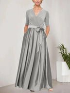 Surplice Neckline Ballgown with Full Satin Skirt & Jersey Bodice by Dreamylily