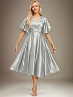 A-line V-Neck Tea-Length Stretch Satin Mother of the Bride Dress With Beading Pleated by Dreamylily