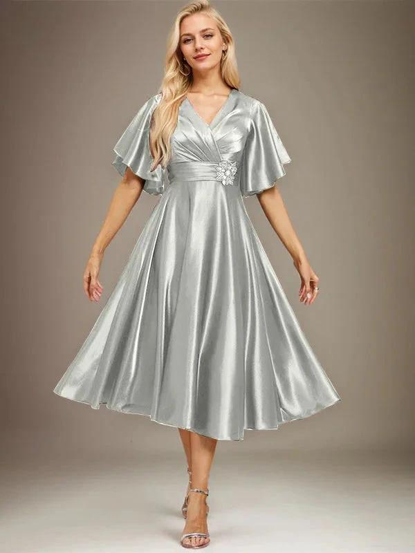 A-line V-Neck Tea-Length Stretch Satin Mother of the Bride Dress With Beading Pleated by Dreamylily