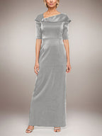 Long Shimmer Column Dress with Foldover Cuff L-Neckline and Elbow Sleeves