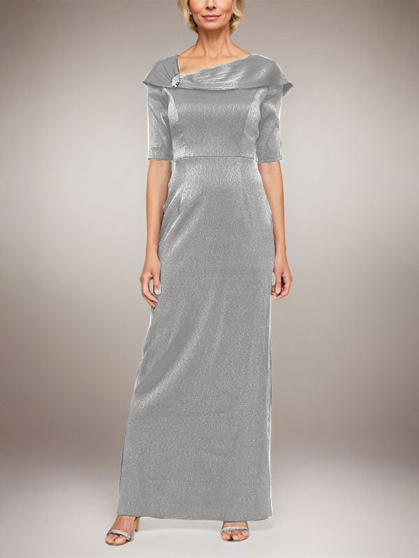 Long Shimmer Column Dress with Foldover Cuff L-Neckline and Elbow Sleeves