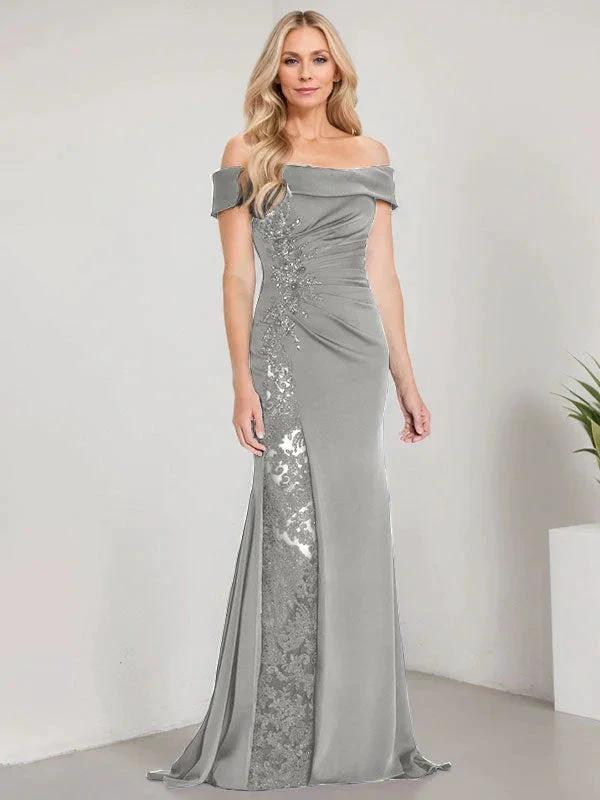 A-Line Off the Shoulder Floor-Length Mother of the Bride Dress Applique Beadings Mermaid Dress With High Split by Dreamylily