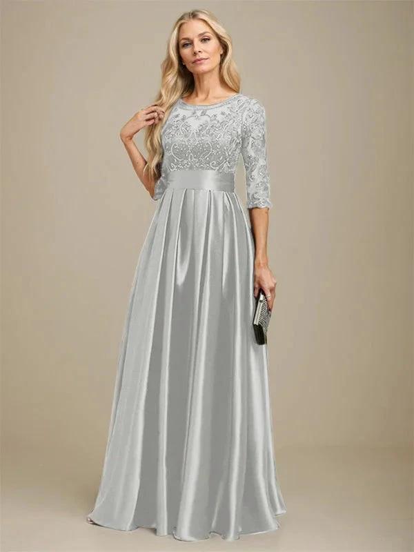 A-line Scoop Illusion Floor-Length Stretch Satin Lace Mother of the Bride Dress With Bow Sequins by Dreamylily