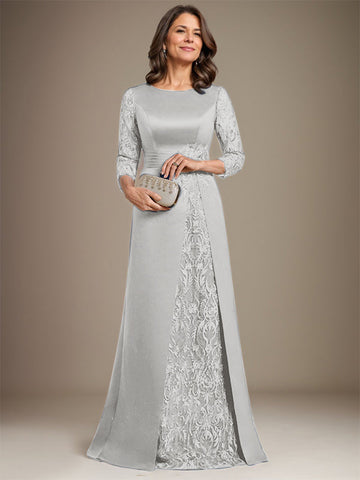 A-Linie U-Ausschnitt Bodenlang Spitze Satin Kleid für die Brautmutter mit Applikation 