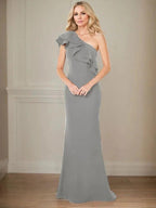 A-line One Shoulder Floor-Length Chiffon Mother of the Bride Dress With Ruffles by Dreamylily