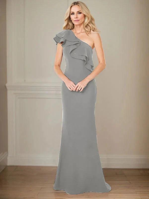 A-line One Shoulder Floor-Length Chiffon Mother of the Bride Dress With Ruffles by Dreamylily