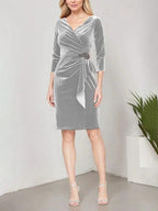 Short Velvet Sheath Dress with Surplice Neckline, Cascade Skirt and Embellishment Detail at Hip by Dreamylily