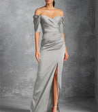 Sheath/Column Off-the-Shoulder Short Sleeves Floor-Length Mother of the Bride Dresses With Split Front by Dreamylily