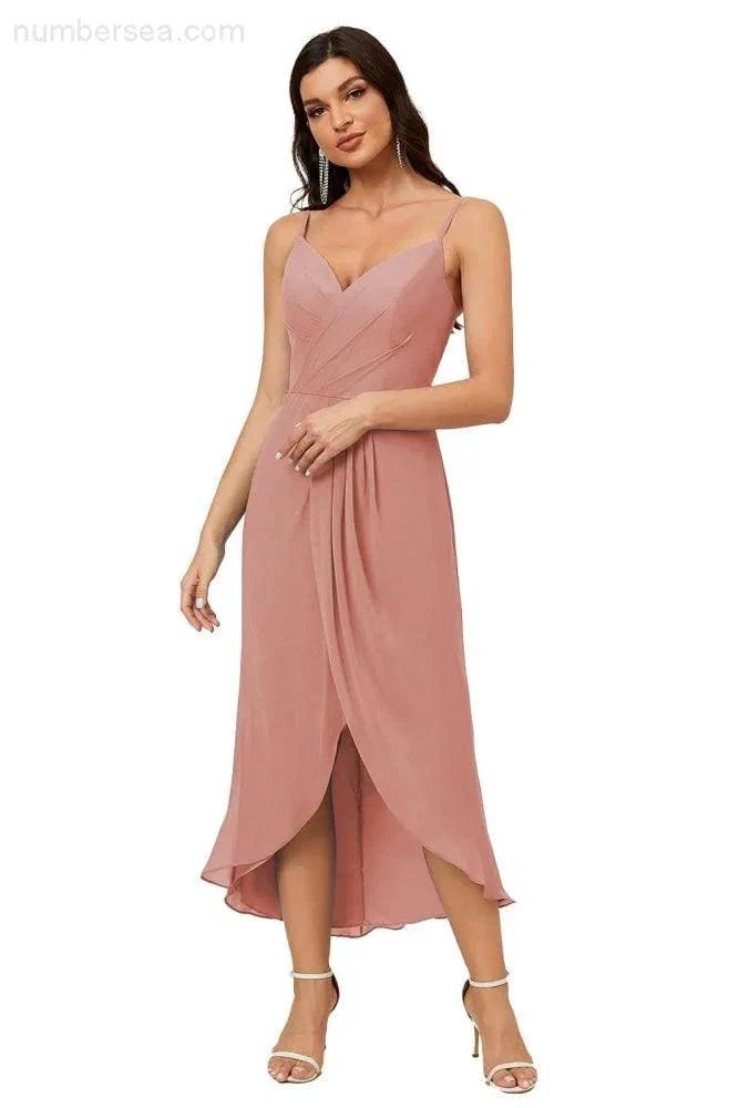 Numbersea Spaghetti Chiffon V Neck Bridesmaid Dress Mid-Length Slit Formal Prom Dress Homecoming Dress 2803 by numbersea