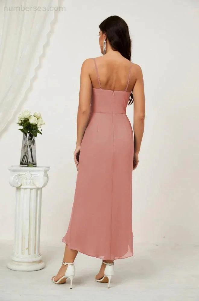 Numbersea Spaghetti Chiffon V Neck Bridesmaid Dress Mid-Length Slit Formal Prom Dress Homecoming Dress 2803 by numbersea