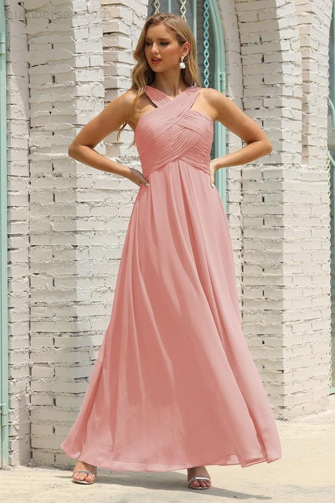 Vestido de dama de honor de gasa con cuello halter para mujer de Numbersea, corte A, largo, formal, para fiesta de graduación, SEA28015 