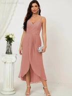 Numbersea Spaghetti Chiffon V Neck Bridesmaid Dress Mid-Length Slit Formal Prom Dress Homecoming Dress 2803 by numbersea