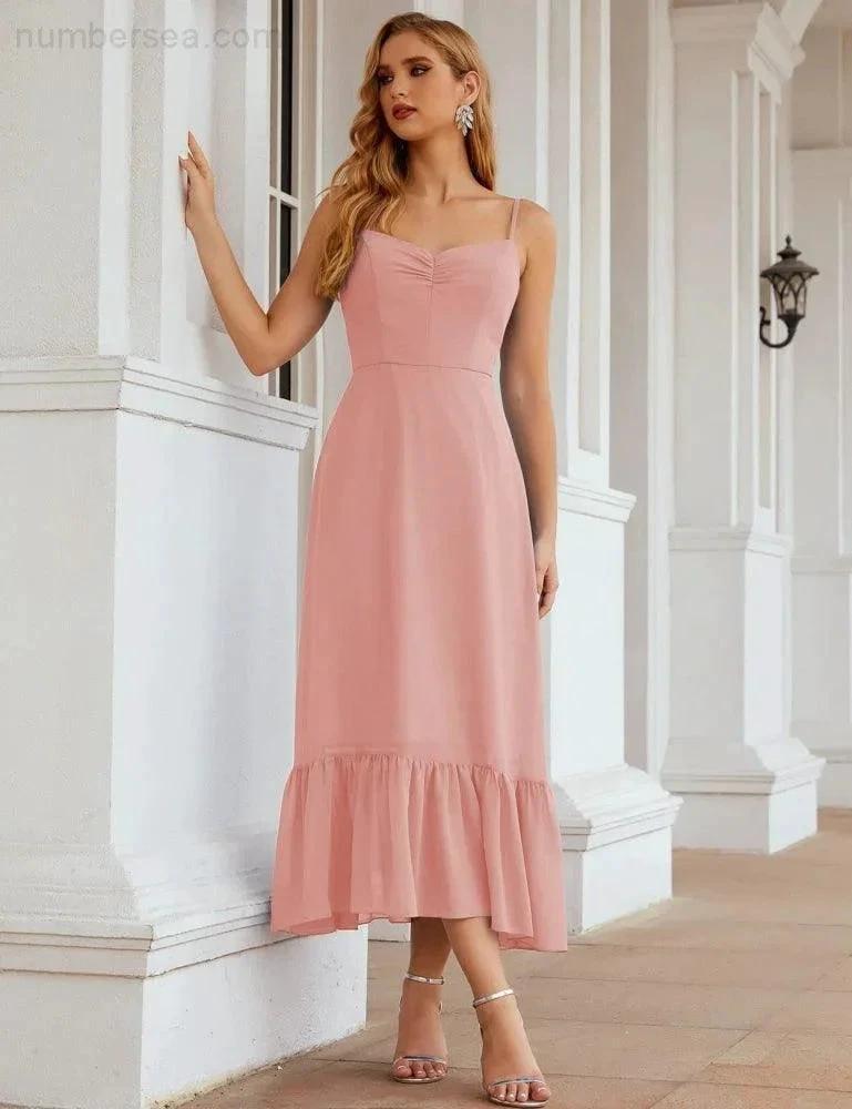 Numbersea Spaghetti Strap Chiffon Bridesmaid Dress Ankle Length Formal A Line Cocktail Party Homecoming Dress for Juniors SEA28028 by numbersea