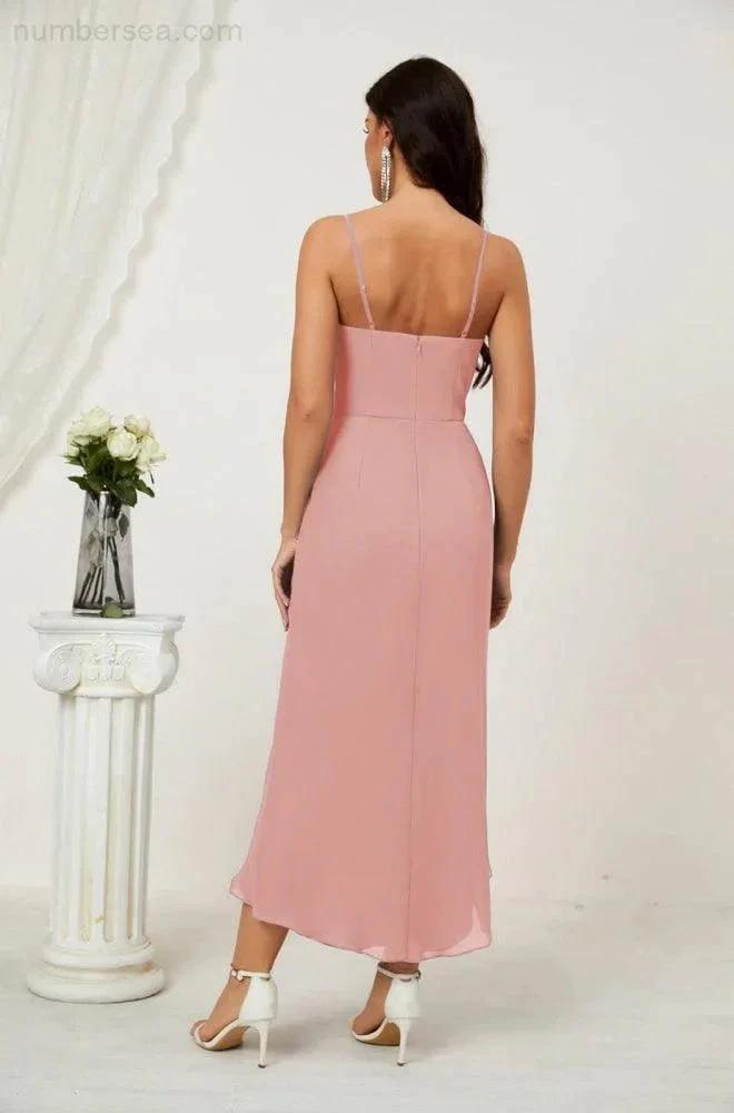 Numbersea Spaghetti Chiffon V Neck Bridesmaid Dress Mid-Length Slit Formal Prom Dress Homecoming Dress 2803 by numbersea