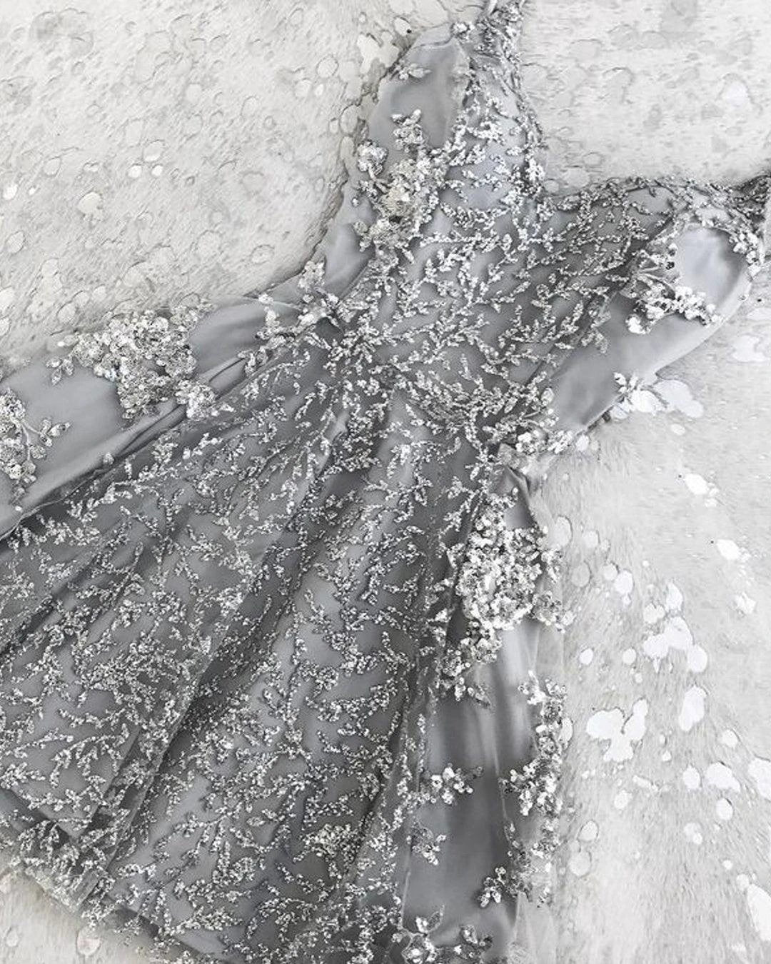 Silver Spaghetti Straps Backless V-neck Mini Short Homecoming Dress PD378 by pgmdress