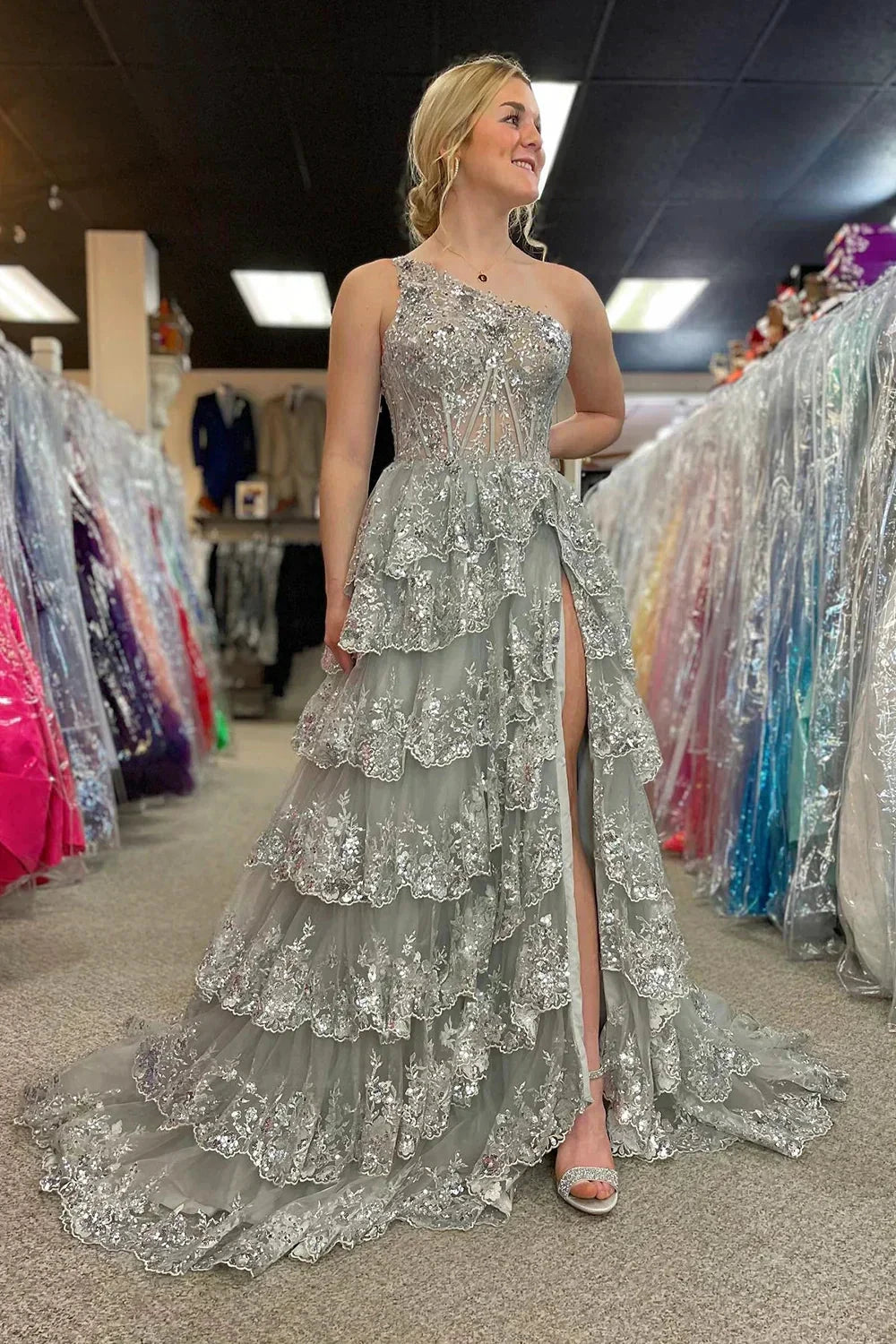 Gold Tulle Sequin One-Shoulder Ruffle Corset Prom Dress with Slit SYP173 by vivymakudress
