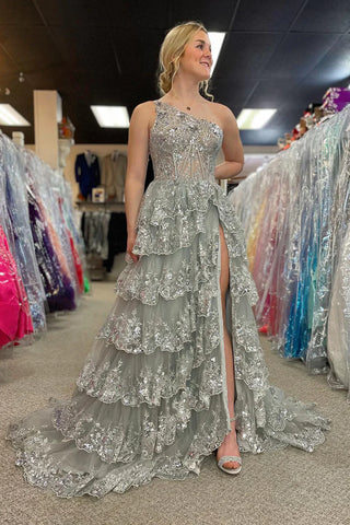 Vestido de fiesta con corsé, volantes y un hombro con lentejuelas de tul dorado y abertura SYP173