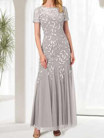 Vestido largo de sirena azul con cuello redondo para madre de la novia con cuentas