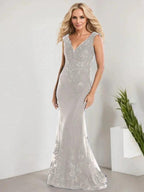 A-line V-Neck Floor-Length Lace Chiffon Mother of the Bride Dress With Applique Sequins Mermaid Dresses by Dreamylily