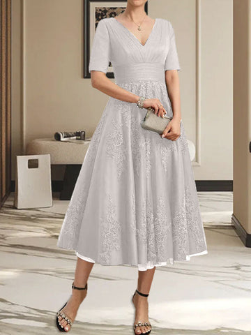A-line V-Neck Tea-Length Tulle Lace Mother of the Bride Dress With Pleated