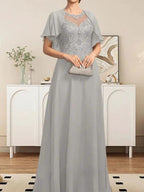 A-line Scoop Illusion Floor-Length Lace Chiffon Mother of the Bride Dress With Sequins by Dreamylily