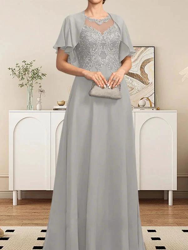 A-line Scoop Illusion Floor-Length Lace Chiffon Mother of the Bride Dress With Sequins by Dreamylily