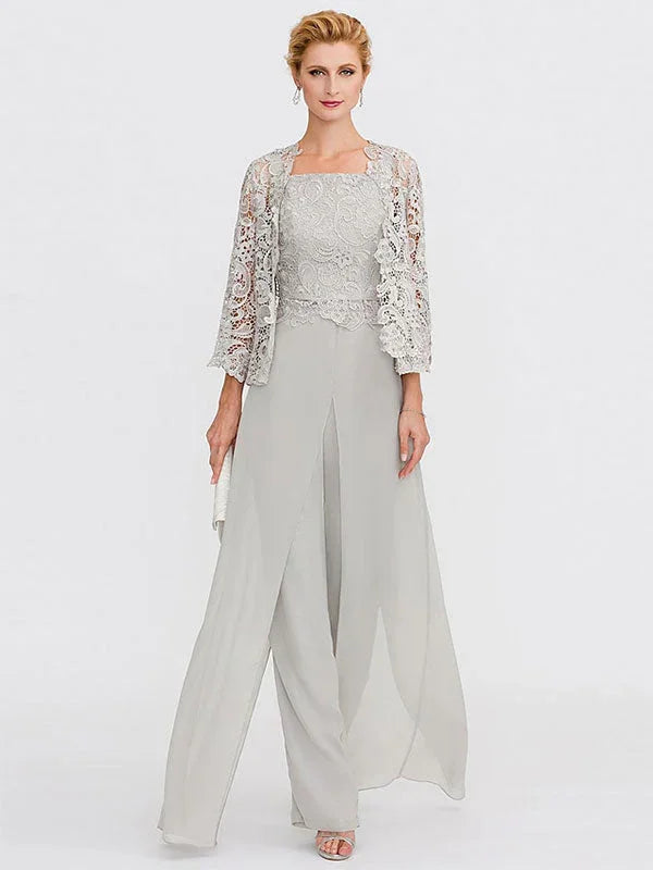 Trajes de pantalón de tres piezas de gasa con escote cuadrado para madre de la novia con chaqueta 