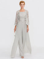 Trajes de pantalón de tres piezas de gasa con escote cuadrado para madre de la novia con chaqueta 