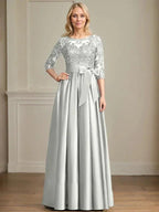 A-line Scoop Illusion Floor-Length Satin Lace Mother of the Bride Dress With Sequins Bow by Dreamylily