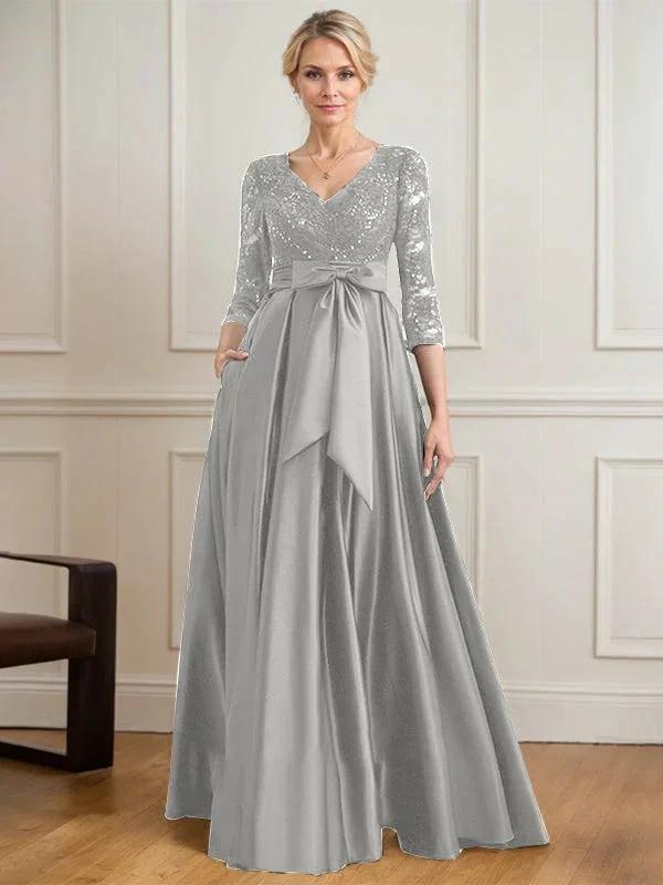 A-line V-Neck Floor-Length Satin Lace Mother of the Bride Dress With Sequins Bow by Dreamylily