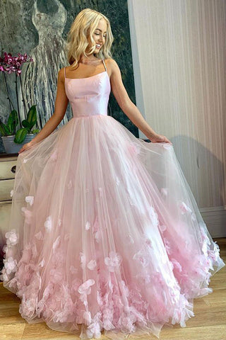 Arabella | Vestido de fiesta de tul rosa con tirantes finos y corte A