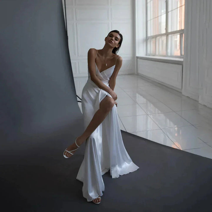 Simple A Line Satin Wedding Dress V Neckline Spaghetti Straps Bridal Gown Sexy High Split Backless Vestido De Novia Custom Made by payinti