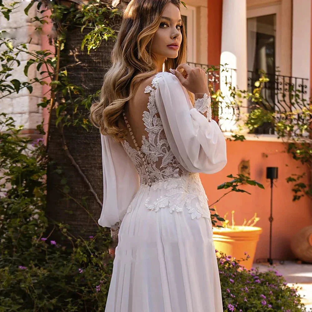 Simple A-Line V-neck Chiffon Wedding Dress Women&