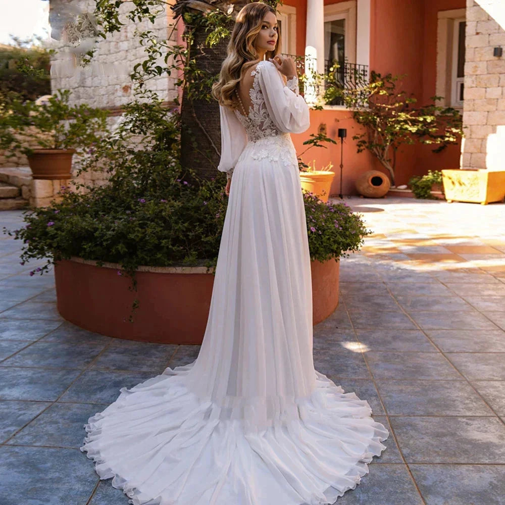 Simple A-Line V-neck Chiffon Wedding Dress Women's Elegant Decal Back Button Design Bridal Gowns Beach Party Welcome Vestido Nov by payinti