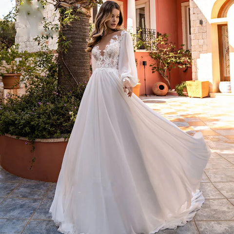 Simple A-Line V-neck Chiffon Wedding Dress Women's Elegant Decal Back Button Design Bridal Gowns Beach Party Welcome Vestido Nov