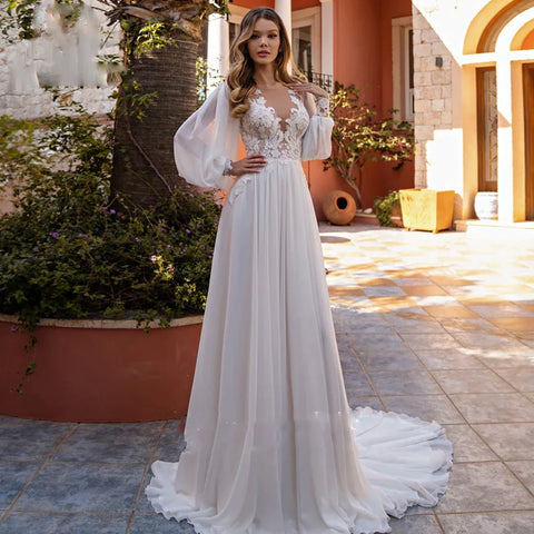 Simple A-Line V-neck Chiffon Wedding Dress Women's Elegant Decal Back Button Design Bridal Gowns Beach Party Welcome Vestido Nov