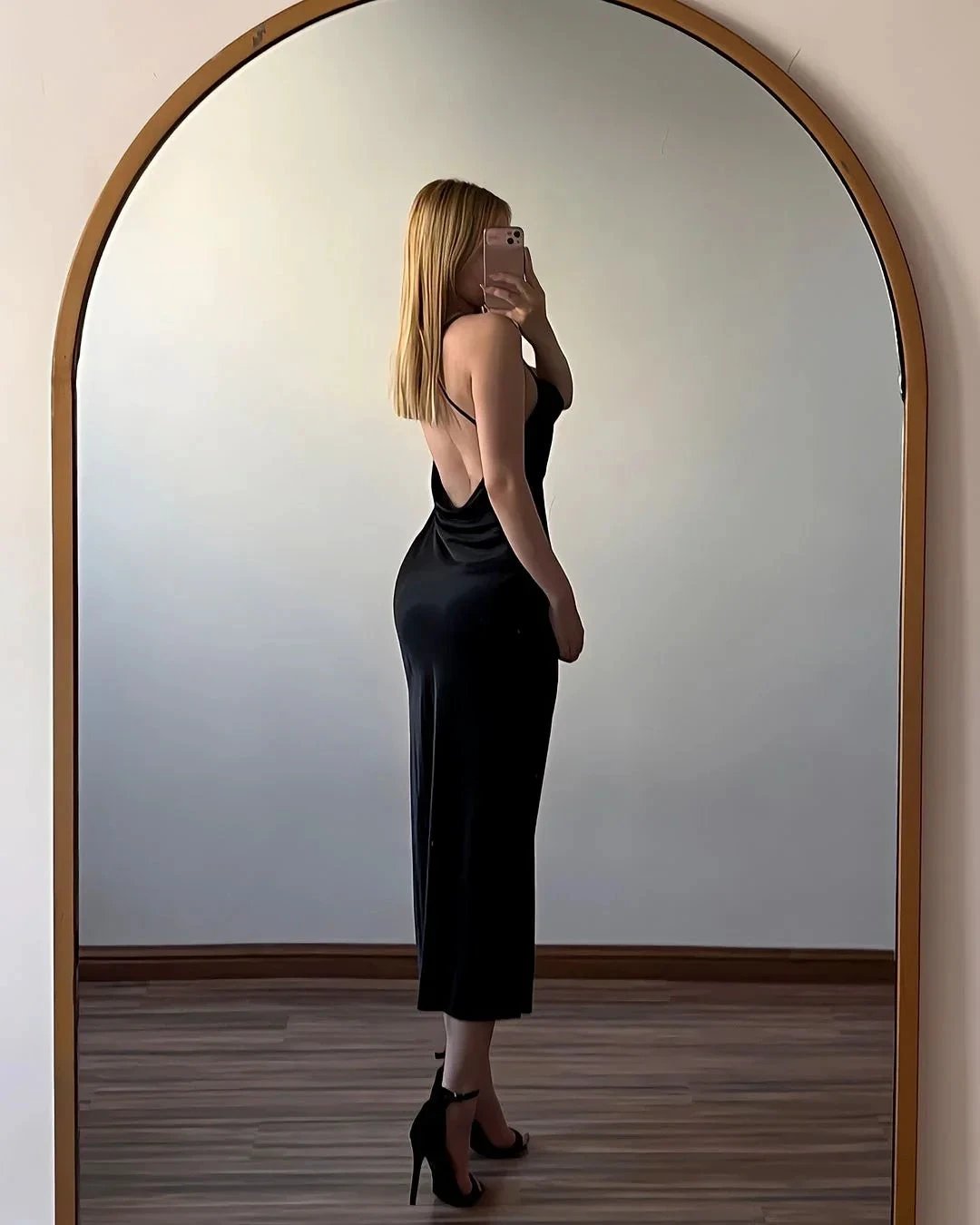 Simple Black Spaghetti Straps Satin Sleeveless Backless Prom Dress by misshow.com