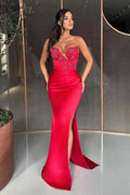 Sexy Strapless Mermaid Satin Beading Long Prom Dresses With Split by BIZTUNNEL