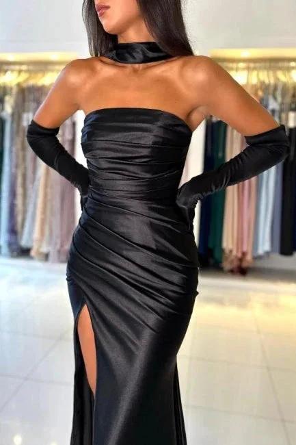 Simple Long Black Mermaid Strapless Satin Prom Dress with Slit by misshow.com